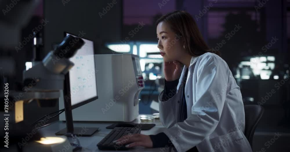 Poster medical research and development laboratory: tired japanese female scientist working on a computer w