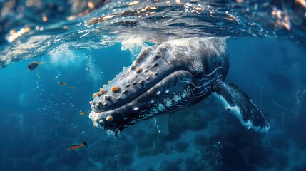 A split-view underwater shot captures a majestic whale swimming alongside other marine life in the vast ocean, showcasing the beauty and diversity of the underwater world.