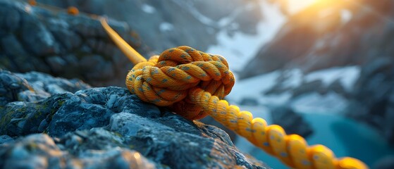 Mountain Rescue: Vital Rope Knot at Sunrise. Concept Mountain Rescue techniques, Safety protocols, Essential gear, Rope knot tutorials, Sunrise photography techniques - obrazy, fototapety, plakaty
