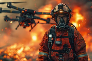 Toy drone flies behind firefighter in gas mask facing fire in fictional scene