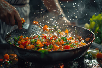 Sizzling Fresh Vegetables in Pan Dynamic Cooking Moment