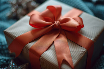 Elegant Gift Box with Vibrant Red Ribbon on Textured Background