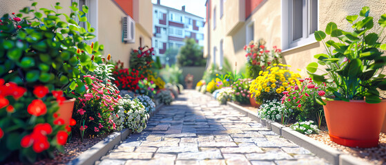 Fototapeta na wymiar Charming Street with Blooming Flowers, Picturesque Gardening and Landscaped Architecture, Vibrant Urban Life