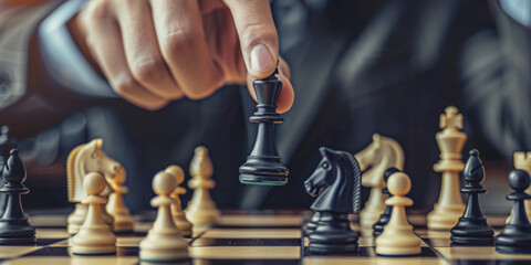 Strategic Chess Move in Close-Up: Player's Hand and Chessboard