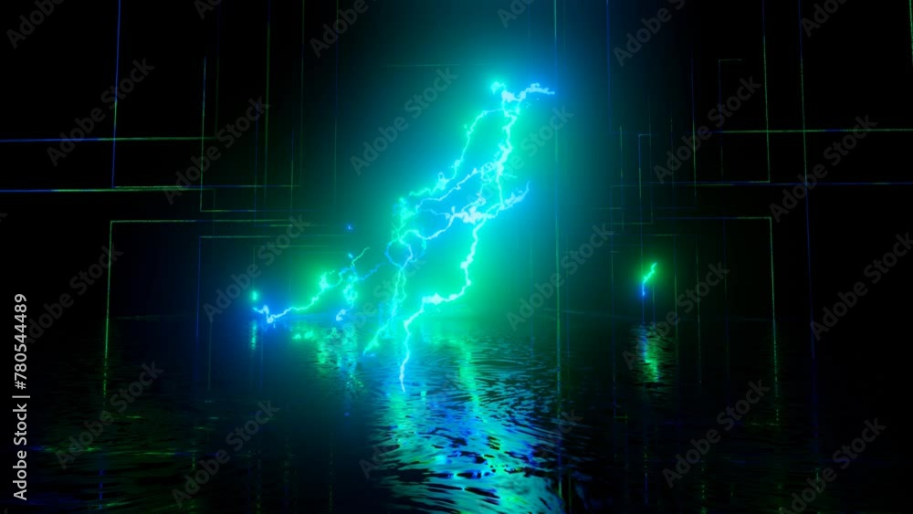 Poster neon design of wall pattern of blue green neon lightning 4k video with various neon elements and a r