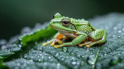 Obraz premium common european green frog on a dewy leaf, with empty copy space