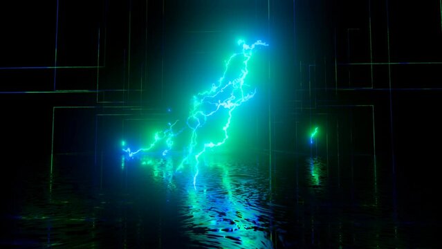 Neon Design of wall pattern of blue green neon lightning 4K video with various neon elements and a reflecting floor. Looped 3d render. Glowing Neon: 4K colorful geometric shapes and a mirror effect