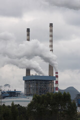 Several smoking chimneys in a thermal power plant