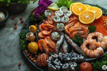 Various seafood options are displayed on the plate - obrazy, fototapety, plakaty