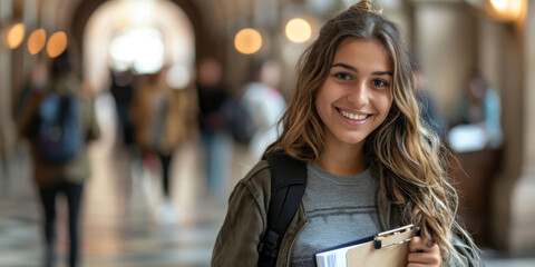 Smiling Female College Student in University Hallway