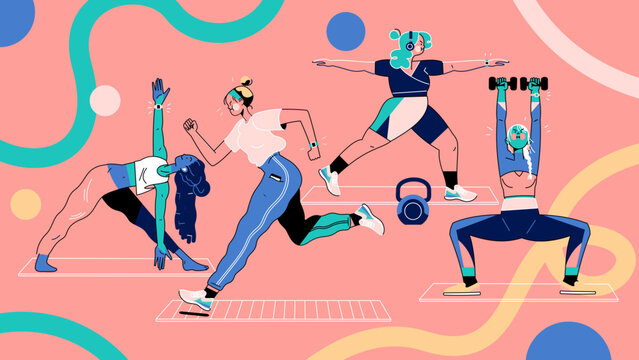 Women Working Out Gym Layered Vector Illustration