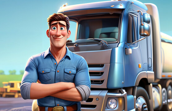 3d illustration render of a cartoon character truck driver man stands in front of a semi-truck