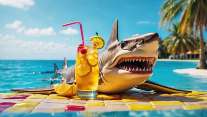 shark on an inflatable multi-colored mattress with a wide open mouth with a colored cocktail and fruit. The concept of travel, relaxation, vacation - obrazy, fototapety, plakaty