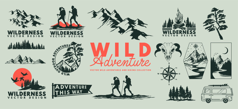 Outdoor wilderness adventures and hiking vector collection with mountains and people hiking. Vector illustration.