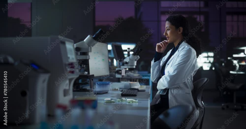 Poster hispanic female scientist working on a computer in the evening. specialist using a gene sequencing o