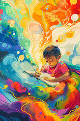 Obraz na płótnie Canvas 2D illustration, vibrant scene of a child in a rainbow blanket, painting dreams in a sketchbook