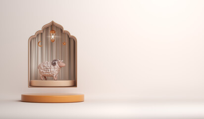 Eid al adha display podium background with goat sheep, arabic lantern, mosque window, ramadan kareem, mawlid, iftar, eid al fitr, muharram, copy space text area, 3D illustration.