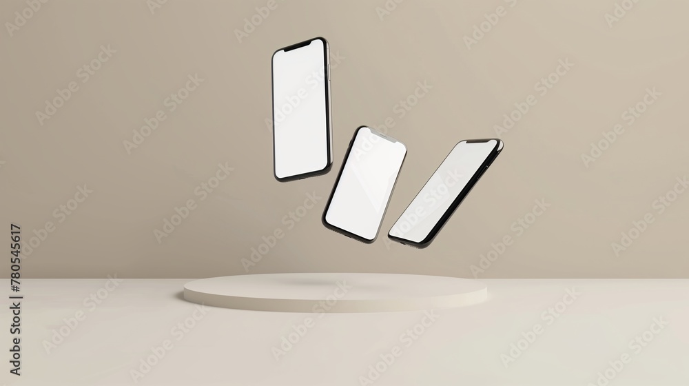 Poster three modern smartphones floating above a round platform in a minimalistic beige setting.