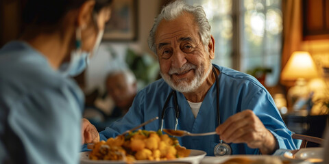 Elderly Man Enjoying Meal with Healthcare Worker at Home