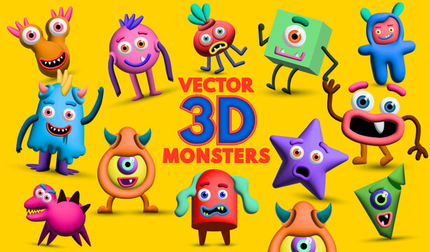 A collection of playful and fun 3D style vector monster characters. Vector illustration