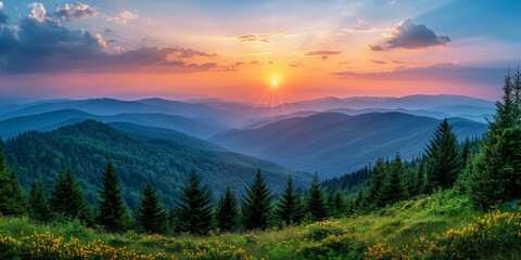 Naklejka na ściany i meble Majestic Sunset Over Lush Mountain Foliage