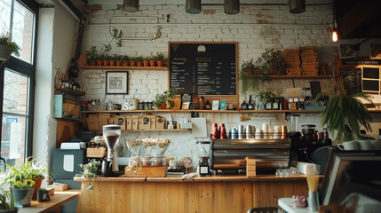 Cozy cafe interior with vintage decor and warm ambiance