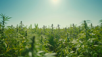 Obraz premium Serene Hemp Field Under Clear Blue Sky With Sun Glimmering