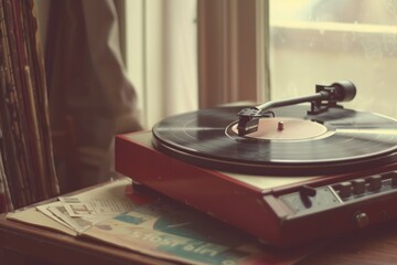 Obraz premium Nostalgic scene of a vintage turntable playing a vinyl record in a room with soft natural light filtering through. Vintage Turntable Playing Vinyl Record