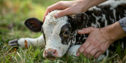 Gentle Hands Petting a Newborn Calf Lying in Grass