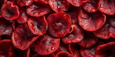 Vibrant Red Mushrooms with Dew Drops Close-up Background