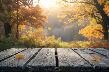 Naklejka na ściany i meble Serene Autumn Sunrise Over Wooden Deck in Forest