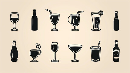 Assorted beverage icons with water, tea, and soda illustrations
