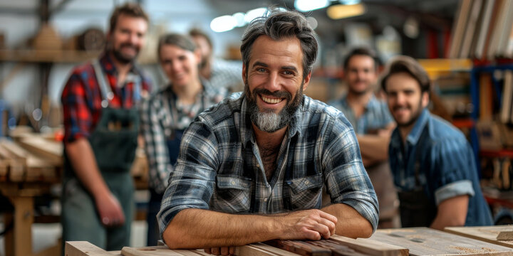 Smiling Craftsman with Team in Woodworking Workshop