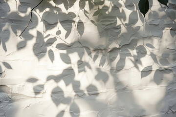 Delicate play of light and shadows from leaves creates a tranquil pattern against a white textured backdrop