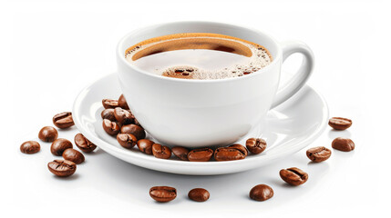 Steaming coffee cup with beans on white background for morning refreshment
