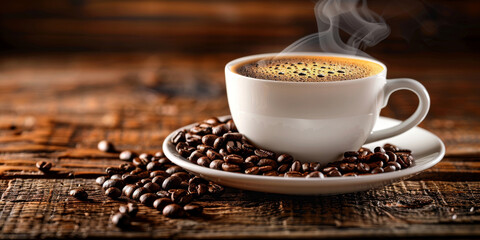 Fototapeta na wymiar Steaming Hot Coffee in a White Cup with Scattered Beans on Wooden Surface