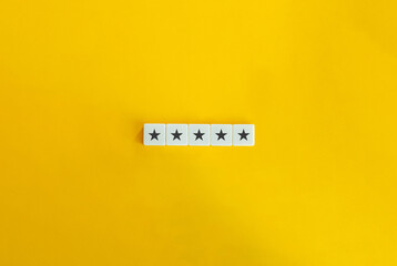 5 Stars Banner. Excellency, Rating, Review, First Class, First Rate, Superior, Top-notch Concept. Letter Tiles on Yellow Background. Minimalist Aesthetics. - obrazy, fototapety, plakaty