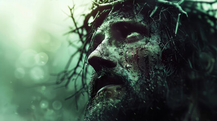 Jesus Christ with crown of thorns representing the Passion on a dark background