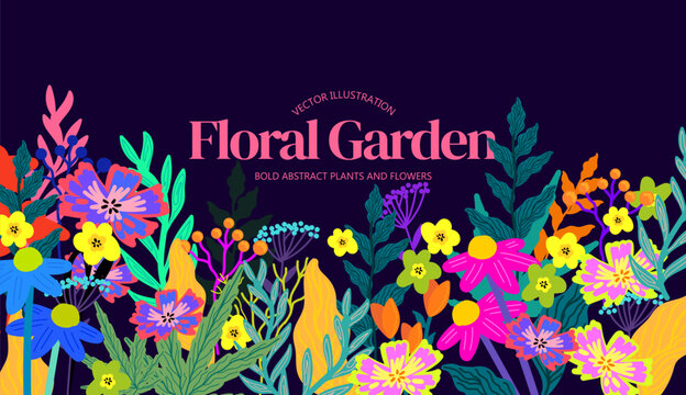 Bold and colourful floral modern plants and flowers collection. Vector illustration