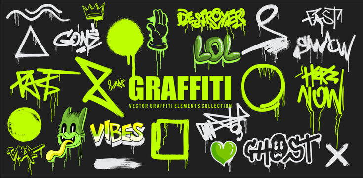 A vector set of graffiti elements with grunge texture tags and signs. Vector illustration
