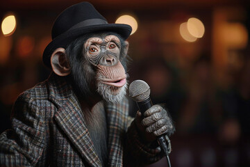 Elegant Chimpanzee in Hat Giving a Speech