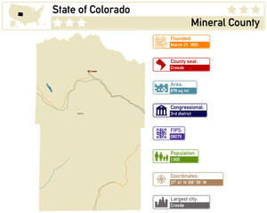 Detailed infographic and map of Mineral County in Colorado USA.