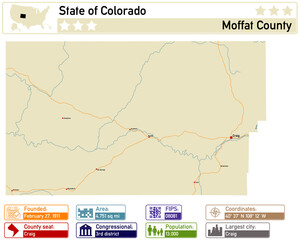 Detailed infographic and map of Moffat County in Colorado USA.