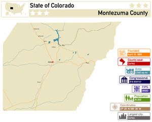 Detailed infographic and map of Montezuma County in Colorado USA.
