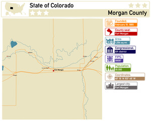 Detailed infographic and map of Morgan County in Colorado USA.