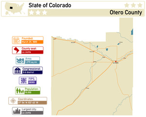 Detailed infographic and map of Otero County in Colorado USA.