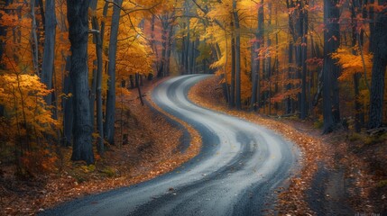 Create a captivating image that captures the beauty of a road winding through a forest during the fall season. 