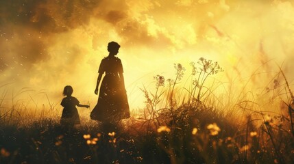 A dreamy portrait showcasing a mother and her children basking in the soft glow of a sunset, their silhouettes outlined against a backdrop of warm, golden hues and gently swaying grass - obrazy, fototapety, plakaty
