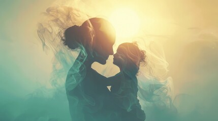 A minimalist composition featuring a mother and her child sharing a loving embrace, their silhouettes outlined against a backdrop of soft, diffused light, symbolizing the bond of love and protection - obrazy, fototapety, plakaty