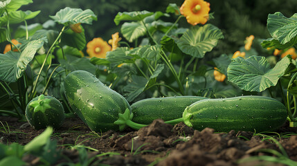 Obraz premium many ripe cucumbers in the vegetable garden on the ground, blur effect in the backgraund